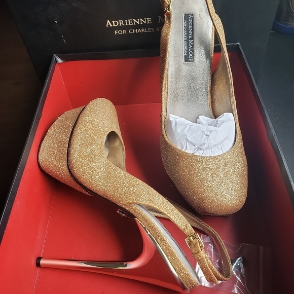 Adrienne Maloof for Charles Jourdan Gold Platform Slingback Stilettos Sz 9.5 - Picture 6 of 12
